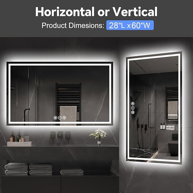 LED Bathroom Mirror 28x60 Inch Anti-Fog Bathroom Mirror with Lights, Wall Mounted Lighted Vanity Mirrors, Dimmable, Backlit + Front Lit, Smart Bathroom Vanity Mirror with 3 Colors Temperature