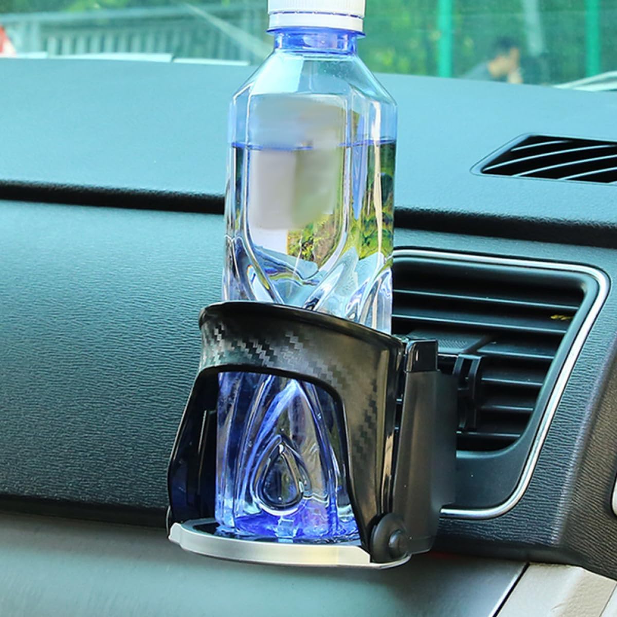 Car Air Vent Cup Holder with Carbon Fiber Finish, Multi-Functional Drink Holder Mount for Water Bottles and Phones, Clip-On Car Accessory for Vehicle Interior Organization