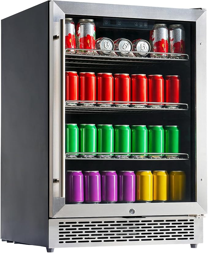Albott 24 Inch Beverage Refrigerator, Under Counter Fridge with Glass Door | Adjustable Shelves, LED Touch Panel, Built-In or Freestanding Design for Wine and Beer, 34-64℉