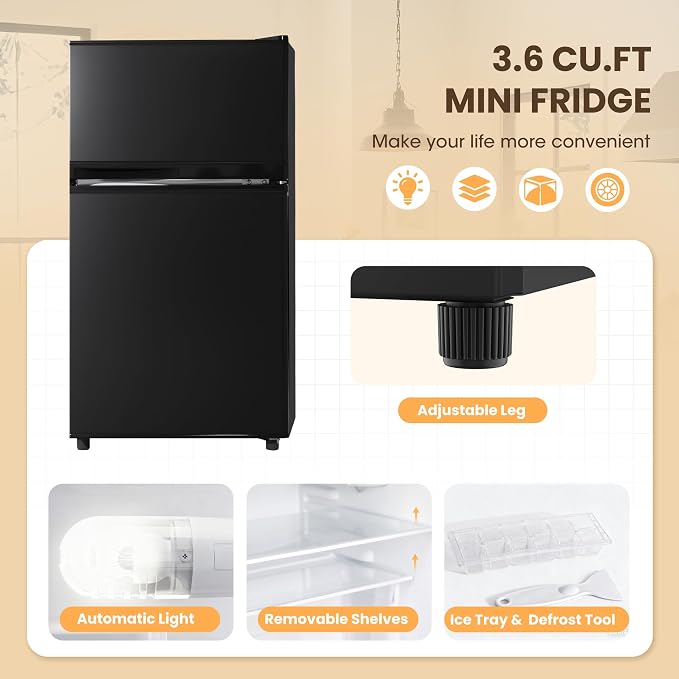 3.6 Cu.Ft Refrigerator with Freezer for Kitchen Office, Black | Double Door Small Fridge with Freezer, 7-Level Thermostat, Adjustable Shelves & Quiet Operation for Dorm and Bedroom