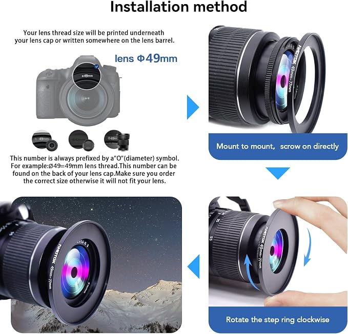 49mm Lens to 77mm Camera Lens Adapter, 49mm to 77mm Filter Step-Up Adapter Ring
