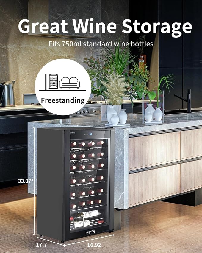 BODEGA COOLER 28 Bottle Wine Refrigerator, Fridge for Kitchen, Room, Office | 7 Shelves, Fast Cooling, Digital Temp Panel, Quiet ≤40dB Operation, Freestanding / Under Counter, UV-Protected Glass Door