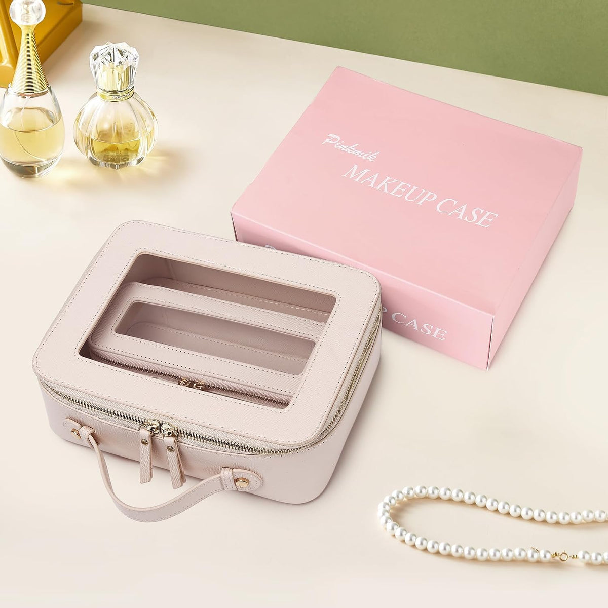 Pinkmik Clear Makeup Bag with Brush Bag, (Beige, L+SLIM)