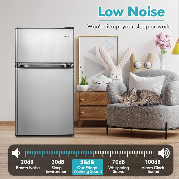 COSTWAY 3.2 Cu.Ft. Mini Fridge with Freezer, 2 Door for Office Bedroom Dorm | Compact Small Refrigerator with Reversible 2 Door, Adjustable Thermostat, Removable Glass Shelves for Food & Drink, Silver