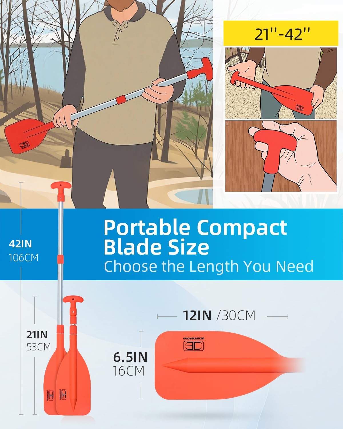 OCEANBROAD Telescoping Emergency Paddle - Adjustable 21'' to 42'' or 26'' to 54'' Aluminum Shaft for Kayaking & Boating