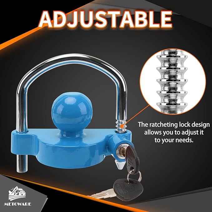 METOWARE Trailer Coupler Lock Universal Adjustable Heavy-Duty Steel Trailer Hitch Lock, Anti Theft Trailer Ball Lock Towing Lock for Towing Trailer Security Fits 1-7/8",2”, 2-5/16" Coupler Blue
