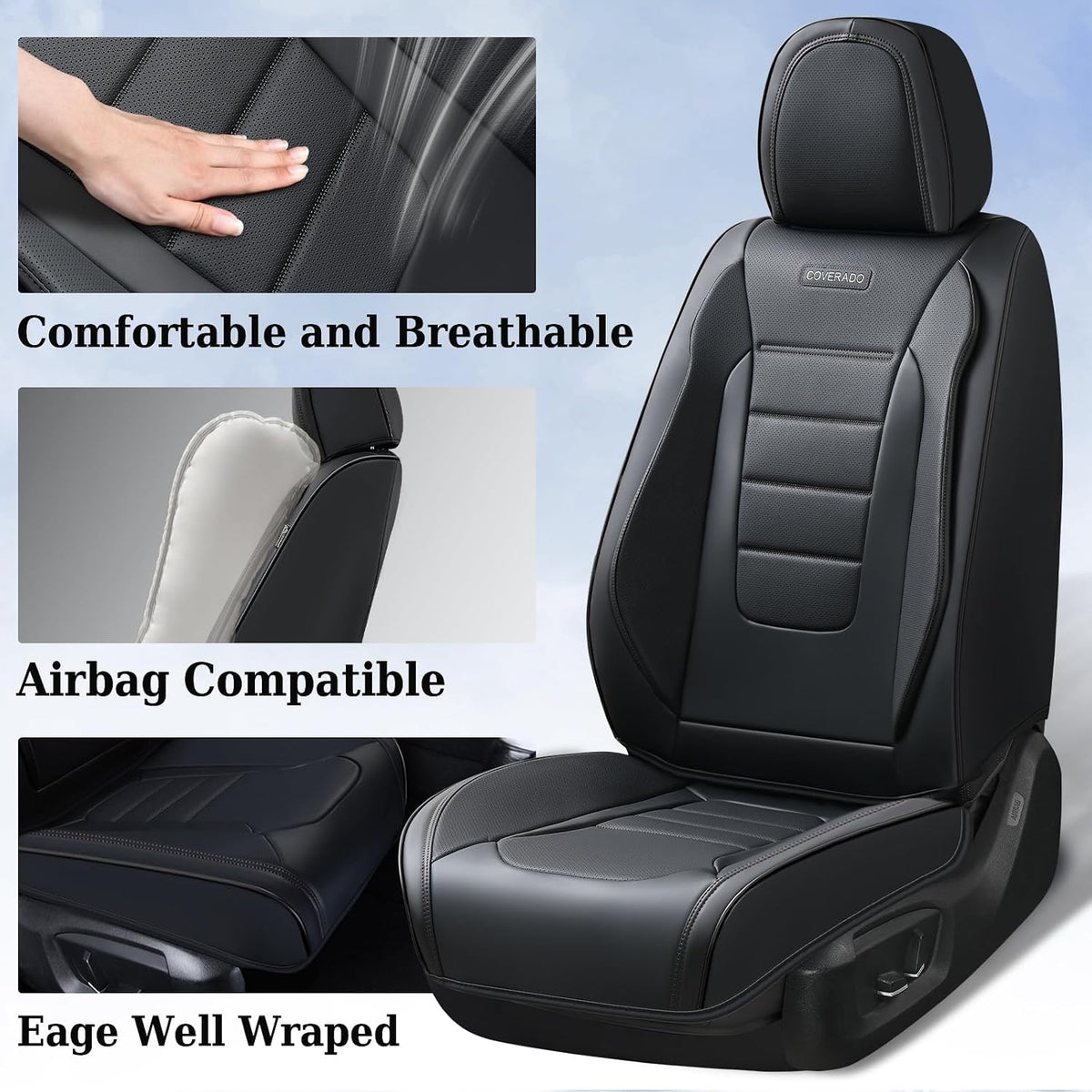 Coverado Seat Covers, Car Seat Covers Front Seats, Car Seat Protector Waterproof, Car Seat Cover, Car Seat Cushion Nappa Leather, Black Seat Covers for Cars Carseat Cover Universal Fit for Most Cars