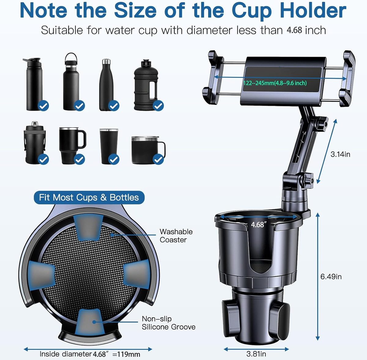 Cup Holder Phone Tablet Mount, 2 in 1 iPad Car Cup Holder with Expander Adjustable Arm for 4.7-10 inches Phone Tablet Mount Compatible for iPad Pro Air Mini, Fire,iPhone 17,Galaxy Phones