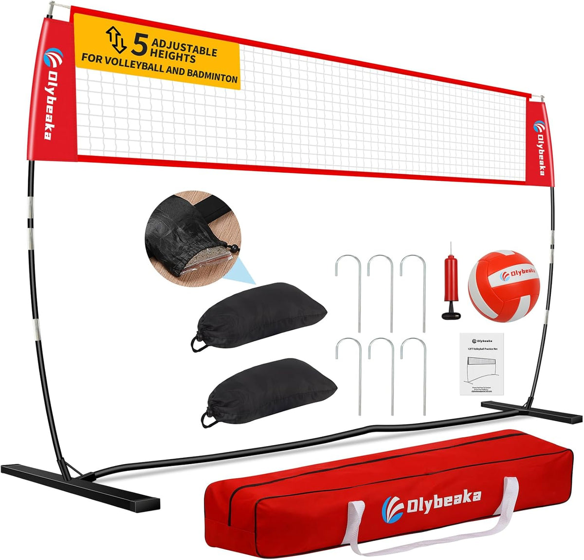 Portable Volleyball Net - 5-Height Adjustable Backyard Set with Widened Base & Carry Bag | 12ft/14ft