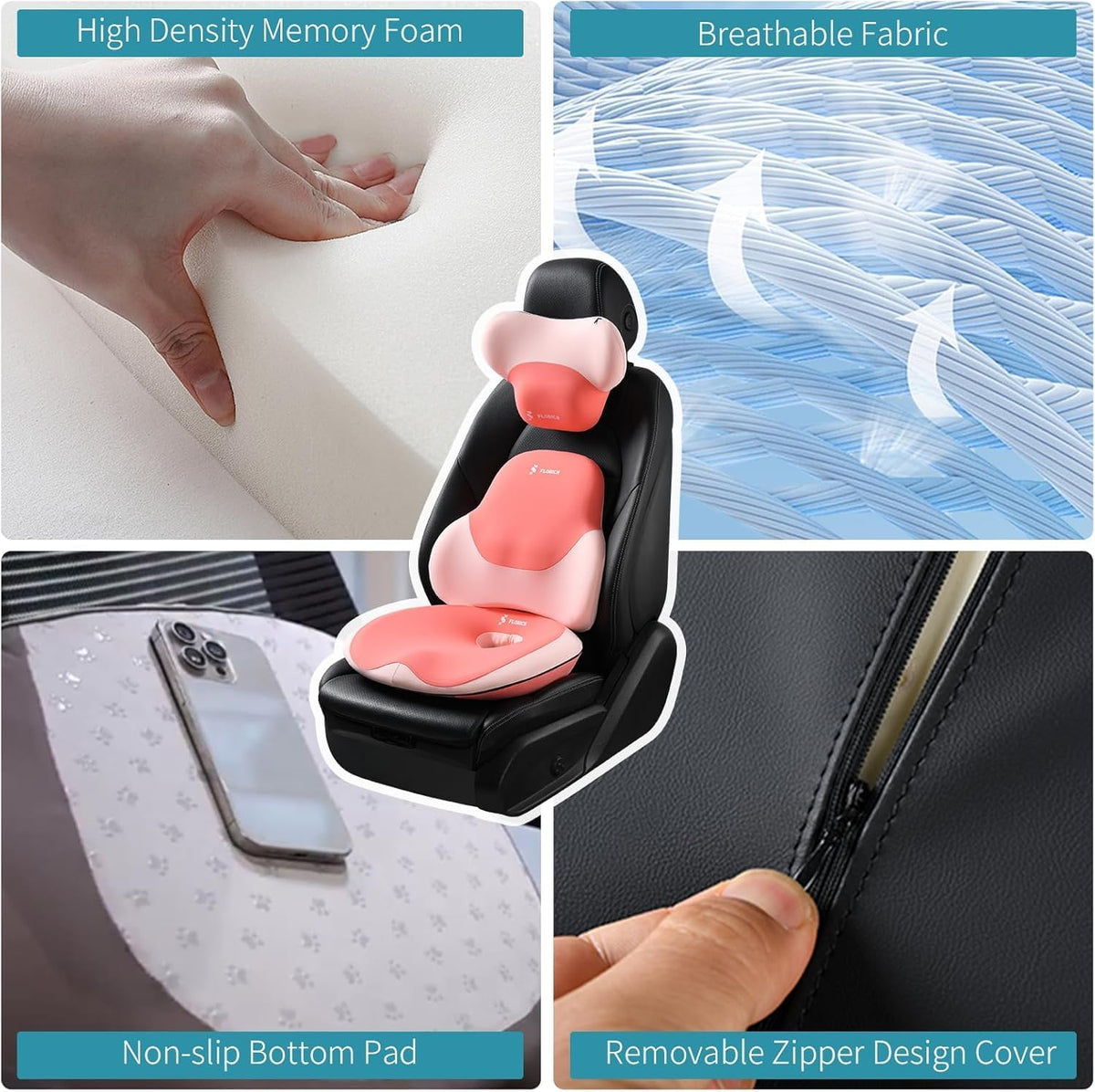 FLORICH Seat Cushion and Lumbar Support Pillow for Office Chair Car Neck Headrest Pillow Memory Foam Seat Pads Pressure Relief Back Cushion and Carseat Pads Pink