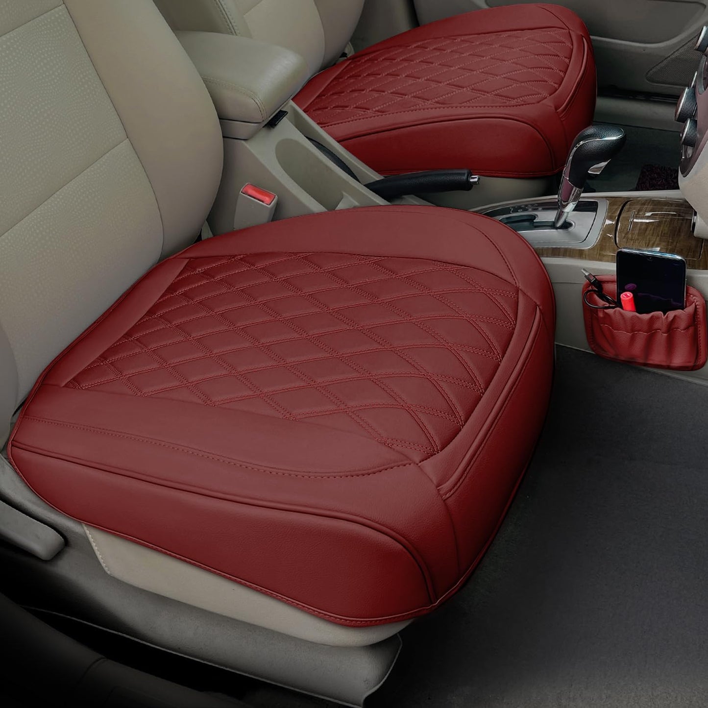 2 Pack Leather Front Car Seat Cover Bottom Car Seat, Anti-Slip and Full Wrap Driver Car Seat Protectors with Storage Pocket, Luxury Waterproof Bottom Auto Seat Cushion Pad Mat for Most Vehicles(Red)