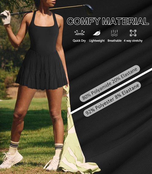 Hragc Women's Tennis Dress - Flowy Pleated Ruffle Halter Neck Mini Dress with Shorts Pocket