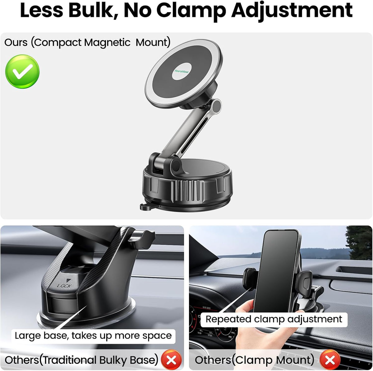 2-in-1 Strong Magnetic Suction Cup Car Phone Holder with Air Vent Hook, Rotatable Hands-Free Phone Mount for Dashboard and Windshield for Navigation, Compatible with iPhone & Android Phones