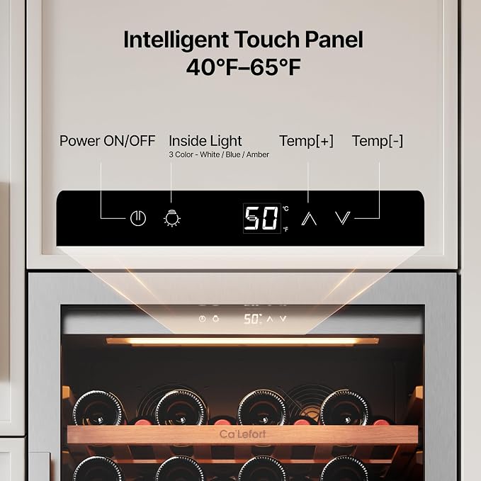Ca'Lefort 24 Inch Wine Fridge, 90 Bottle Built-In Wine Cooler | 55-Inch Tall Wine Cellar, Quiet Inverter Compressor, Precise 40-65°F Temperature Control, Glide-Out Shelves & Storage Drawer