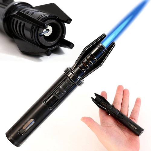Mini Torch Lighter with Fuel Window - 5" Refillable Butane Jet Flame, Windproof Pocket Lighter for Camping, Hiking & Home Use (Black)