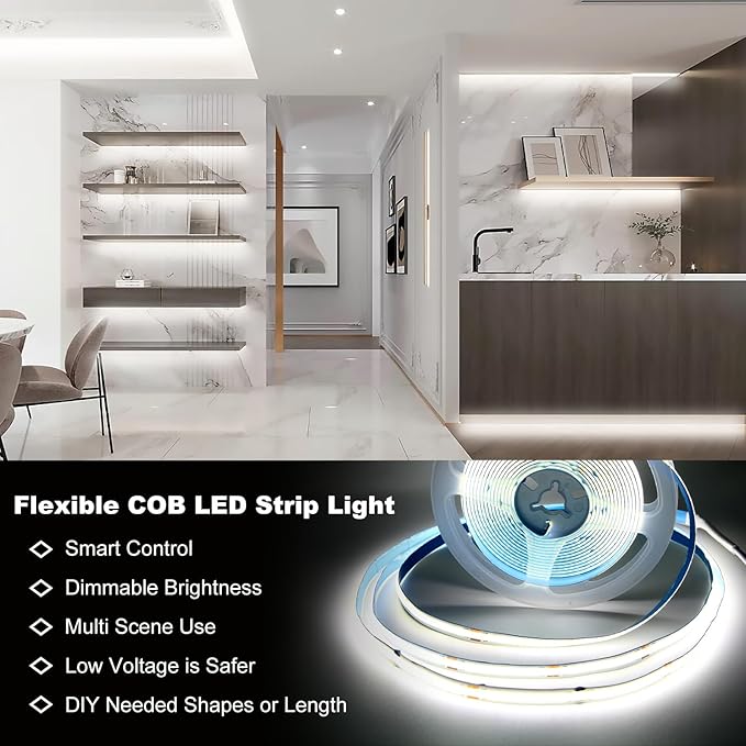 DAYBETTER COB LED Strip Light,LED Lights for Bedroom 16.4ft,Daylight White 6500K Dotless LED Light Strip,3200 LEDs Super Bright Dimmable 24V Flexible Tape Lights with Remote,Kitchen,Cabinets Lighting