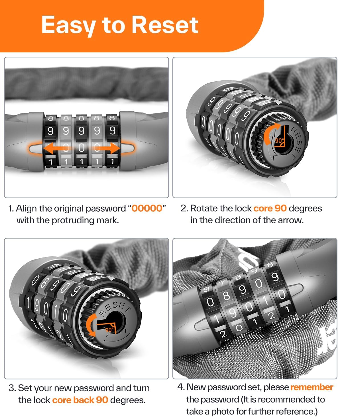 Sportneer Bike Lock - High Security 5-Digit Combination Chain Lock | 3.2/3.6/4ft Heavy Duty Keyless Design for Bikes, Motorcycles, Scooters, and Gates - 4/6mm Thick, Easy to Use