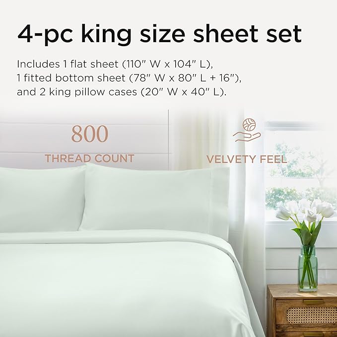 Threadmill King Size Sheets | 800 Thread Count King Bed Sheets Set for King Mattress 16” Deep Pocket | Sateen Weave, Better Than Egyptian Cotton, 4-Piece Bedding Set with Cooling Effect | Seaglass