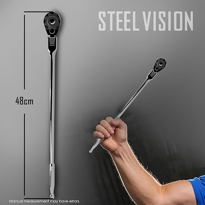 Steel Vision [Made in Taiwan 2-in-1 Flex Head Ratchet/Breaker Bar 3/8" Dr., Fine 72-Tooth 5 degree arc swing to turn fasteners, Extra Long Ratchet,18" Length