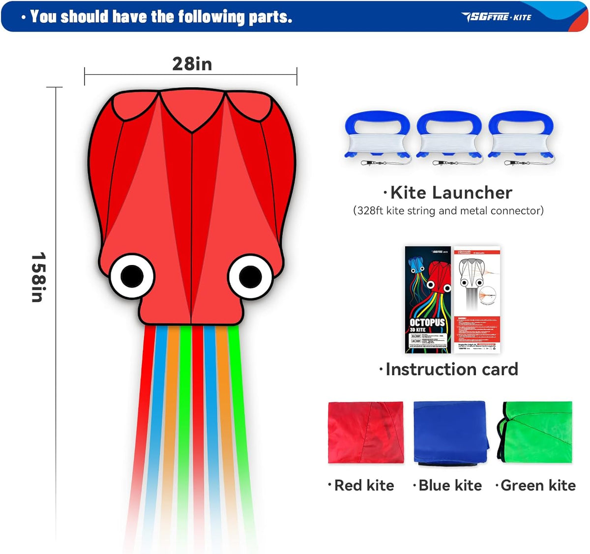 SGftre Octopus Kites - Easy to Fly 3-Piece Set for Kids & Adults | Red, Blue, Green Colors