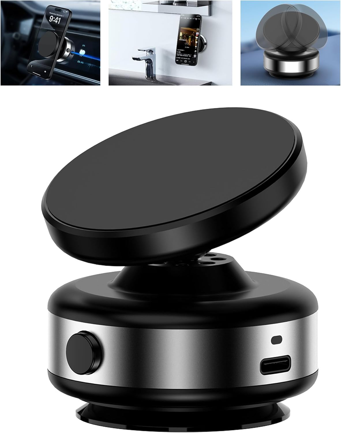 Electric Vacuum Suction Cup Magnetic Phone Mount, 360 Rotatable Magnetic Cell Phone Holder, Adjustable Hands-Free Portable for Magsafe iPhone Car Gym Mirror Smooth Surface(Silver)