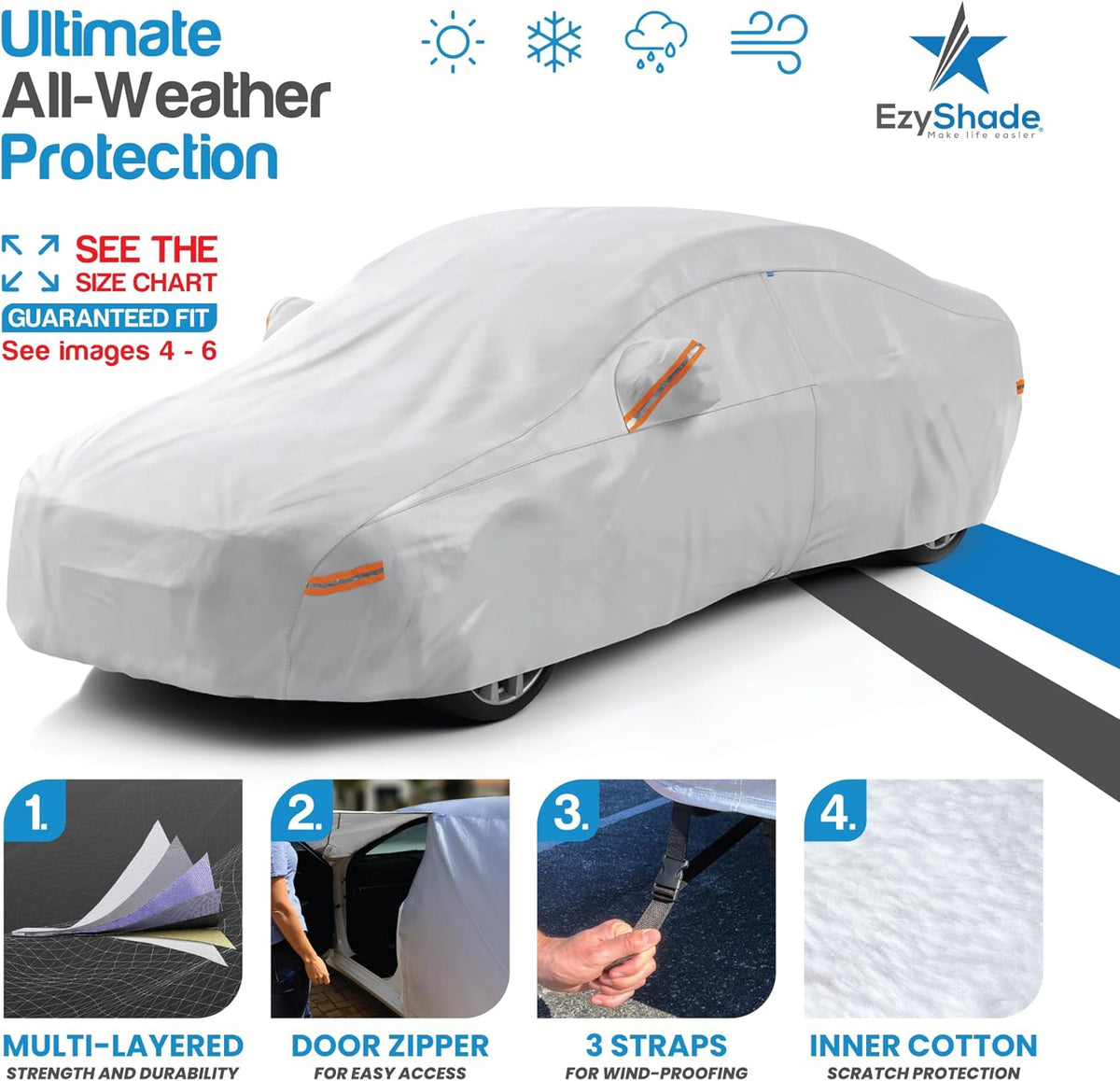 EzyShade Multi-Layer Car Cover Waterproof All Weather - See Vehicle Size-Chart - Outdoor Full Exterior Covers for Automobiles - Sedan Hatch SUV - Rain Snow Sun UV Protection. Size A3 (See SizeChart)