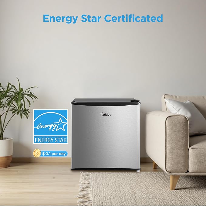 Midea 1.7 Cu.ft Mini Fridge, Energy Star Certified, Low Noise for Bedroom | Adjustable Thermostat, Reversible Door,Ideal for Dorm, Office,Steel Gray