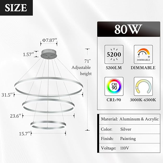 3-Rings Modern LED Chandelier Silver, Dimmable Pendant Lighting
