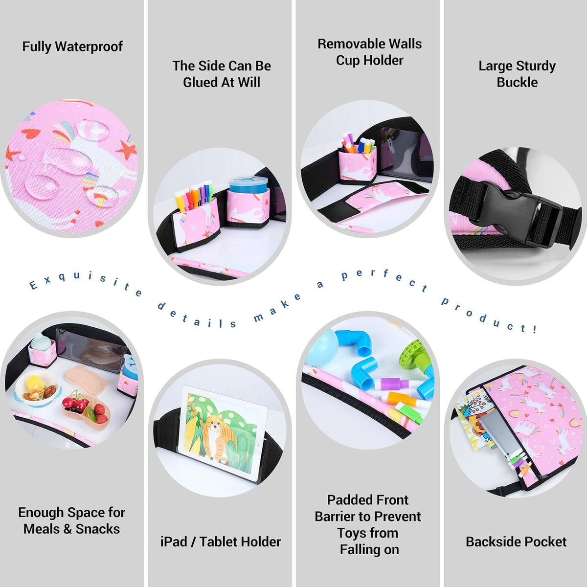 COOLBEBE Kids Travel Tray for Car Seat & Airplane, Pink Unicorn, 2-Pack