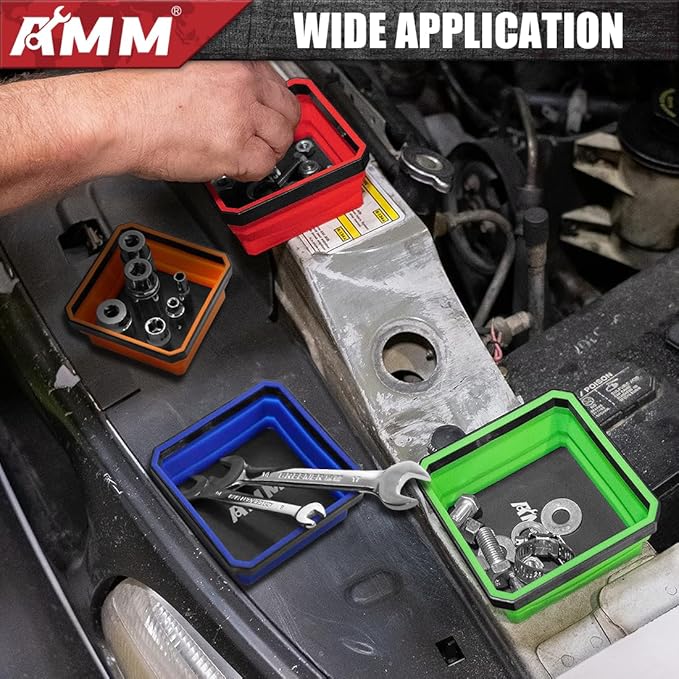 AMM Magnetic Tray, 4 PC Foldable Magnetic Tool Tray Set for Bolts Screws Nuts & Small Metal Parts, Mechanic Tool Present for Men, Red, Blue, Orange, Green, 4.5 Inch Square (4PC, Colorful)