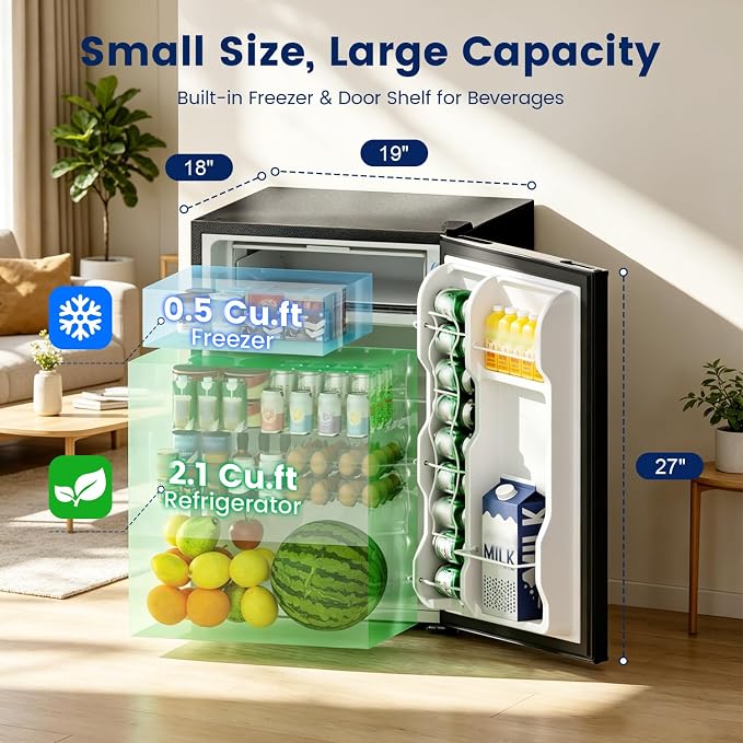 2.6 Cu Ft Small Fridge with Freezer for Office Silver | Mini Refrigerator for Dorm Bedroom, Compact Fridge, Energy-efficient, Low Noise