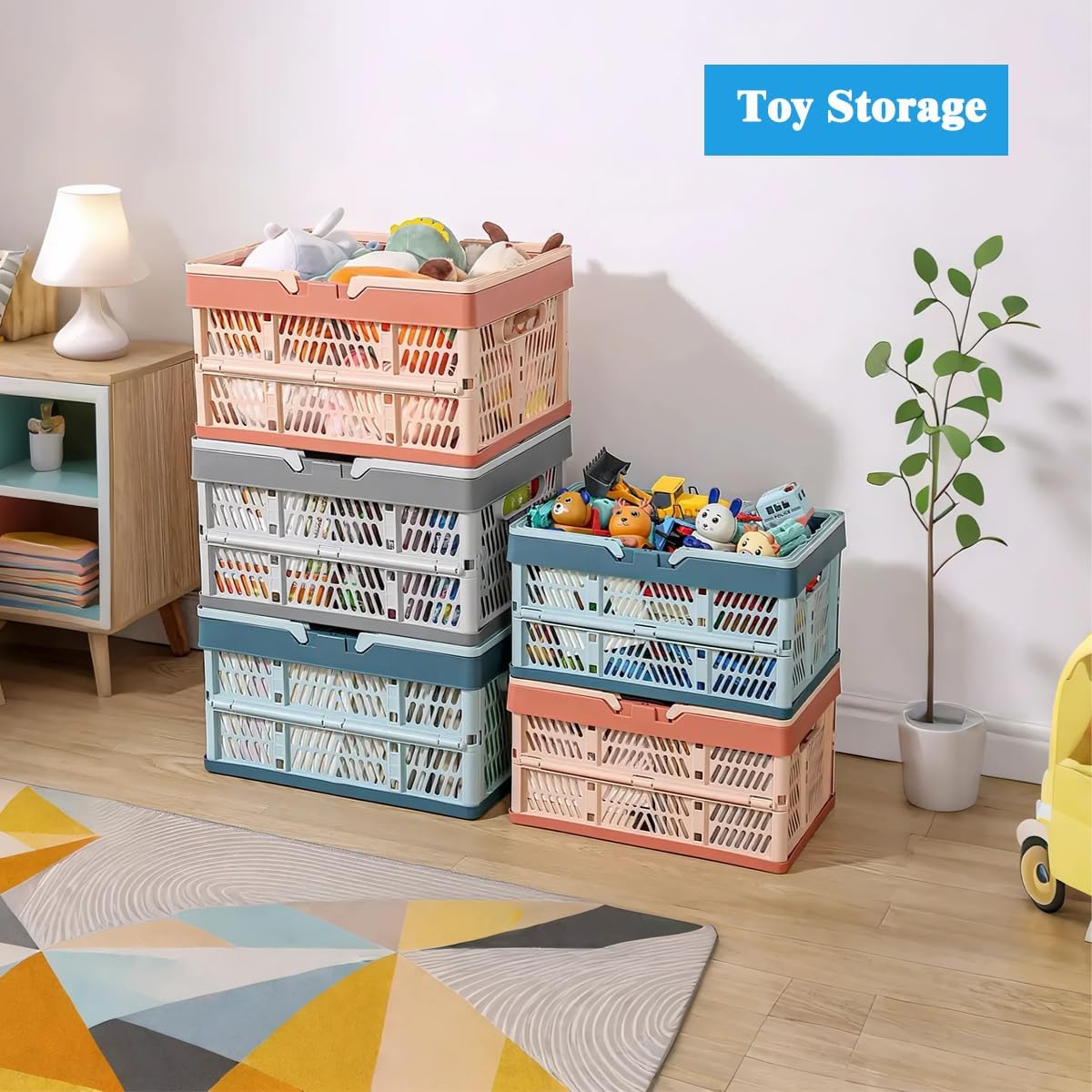 Collapsible Storage Crate with Handles, Milk Crates，33L Foldable Plastic Shopping Basket, Organizer Container for Car Home Pinic (Light pink, Large)