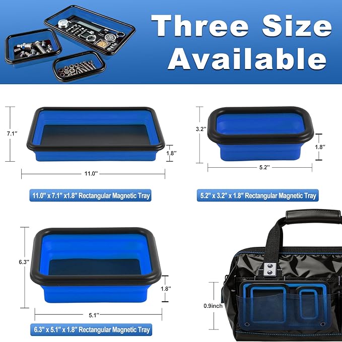Collapsible Magnetic Parts Tray Set with Extra Strong Magnet Up to 18LB, 3 Different Size Silicone Foldable Tool for Organizing Screw Bolts Nuts Washers Pins and Other Small Metal Parts -Blue