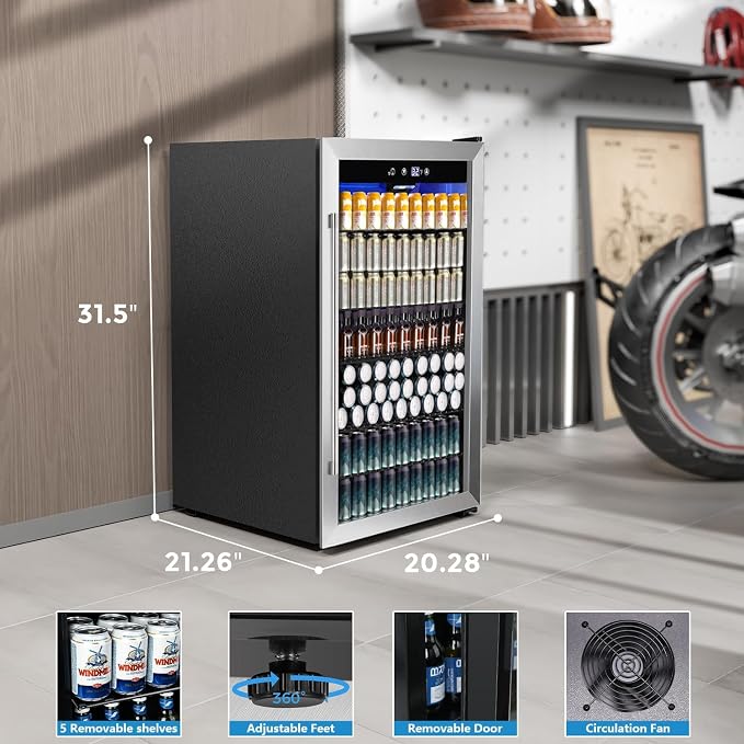 COWSAR 4.5 Cu.Ft Wine Fridge 37 Bottle, ETL Approved Freestanding Wine Cooler 145 Can Beverage Refrigerator with Stainless Steel Reversible Glass Door, Drink Fridge for Home Bar, Kitchen, Game Room
