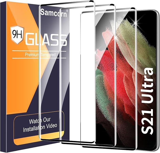 3 Pack Galaxy S21 Ultra Screen Protector, HD Clear Tempered Glass, Fingerprint