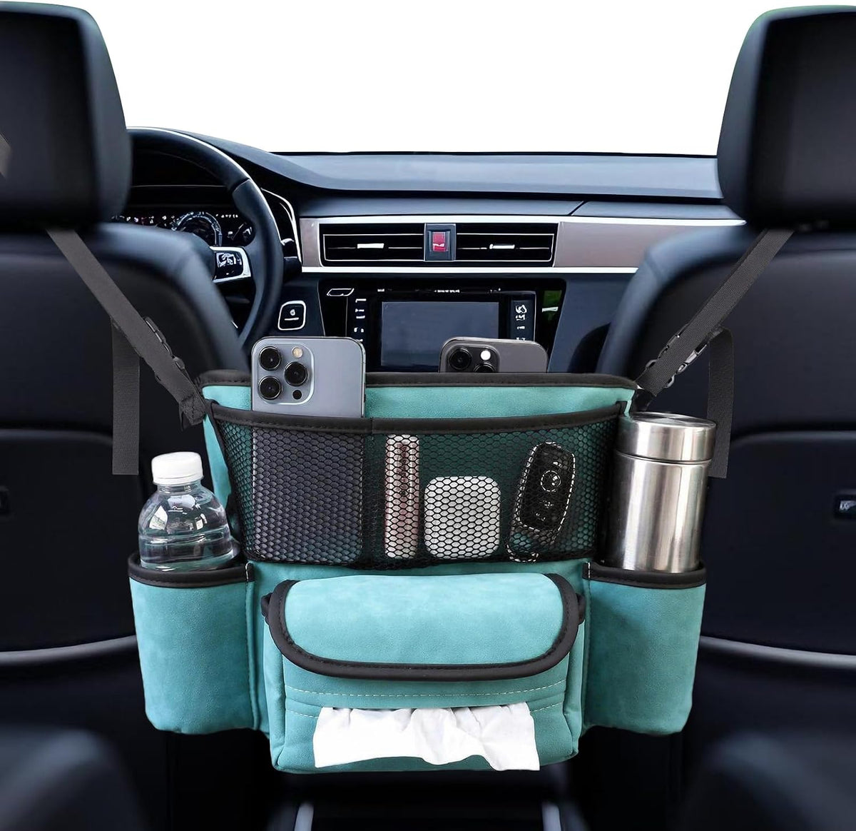 Car Handbag Holder Between Seats Suede Large Capacity Car Purse Holder Automotive Consoles, Fits Between Front Seats, Holds Wallet, Phone & Essentials (Blue)