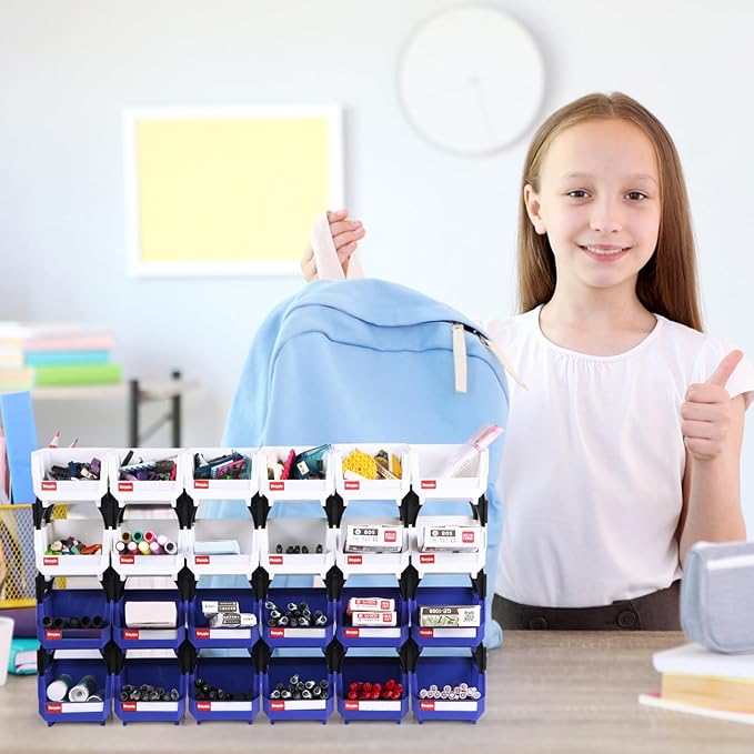 Stackable Parts Organizer 24 Pack (5x4x3 Inch), Small Parts Bins Wall Mounted Hanging Storage Bins for Screw, Hardware, Garage, Workbench & Office (Blue & Red)