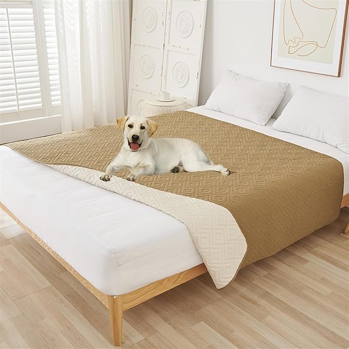 GIBZ Water Resistant Dog Bed Blanket Cover Large Anti Slip Pet Furniture Protector Washable Cat Quilted Mat for Couch, Khaki, 210x260cm