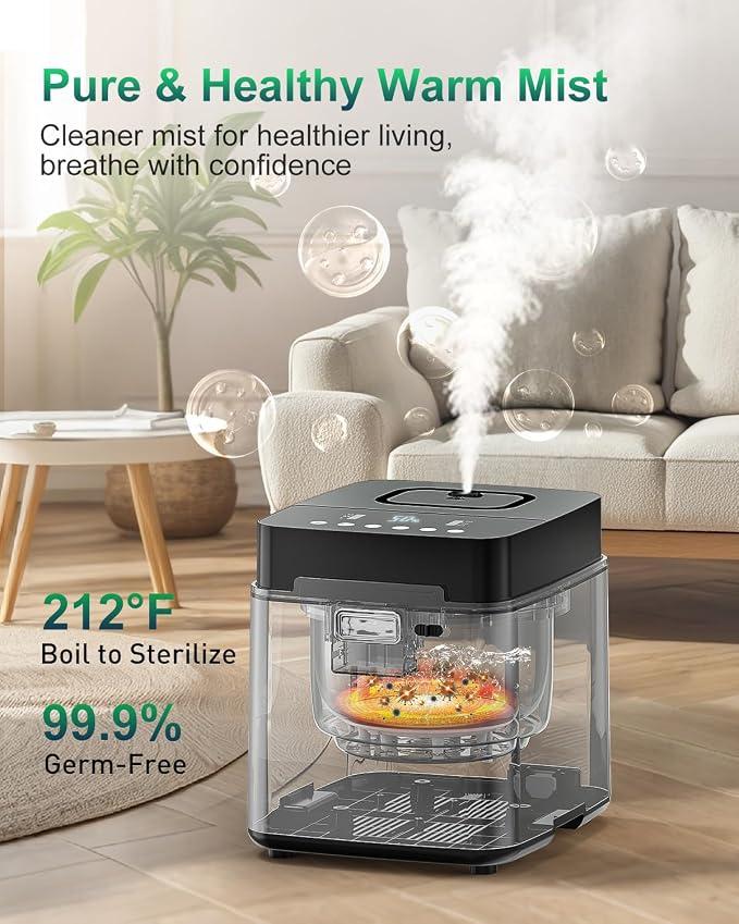Mifasol Stainless Steel Humidifier, 3.3L Warm Mist Humidifiers for Bedroom, Easy Clean Steam Humidifiers for Home, Dishwasher Safe Humidifier Large Room, Black