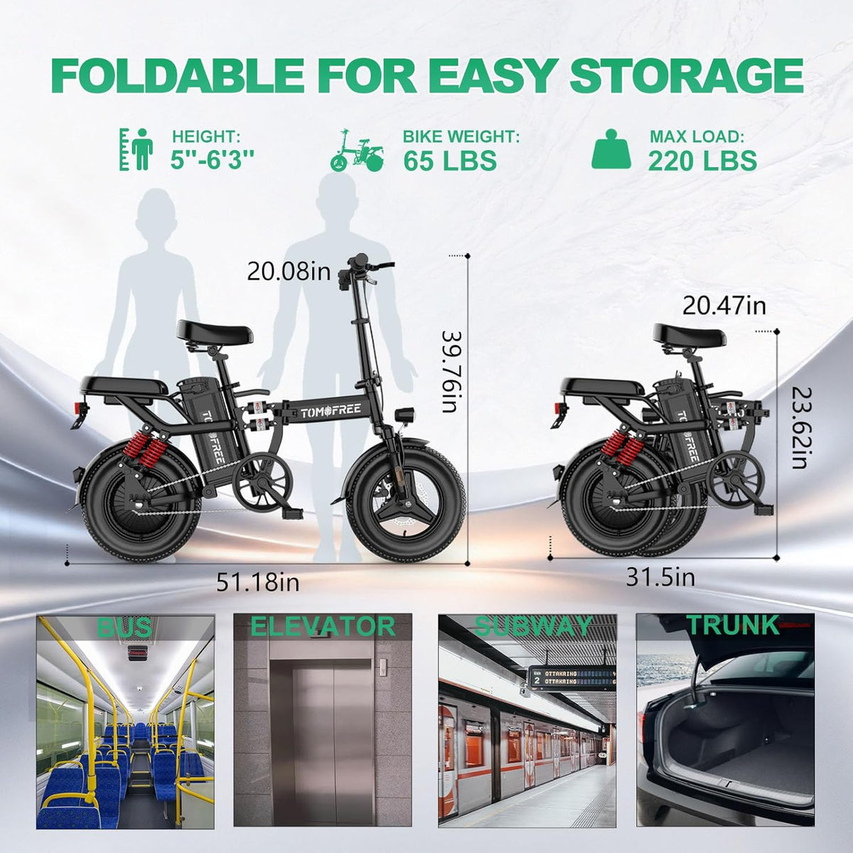 Tomofree Folding Electric Bike - 750W Peak Power, 20-24MPH, 48V 20AH Battery, 14" Fat Tires | 35-75 Miles Range
