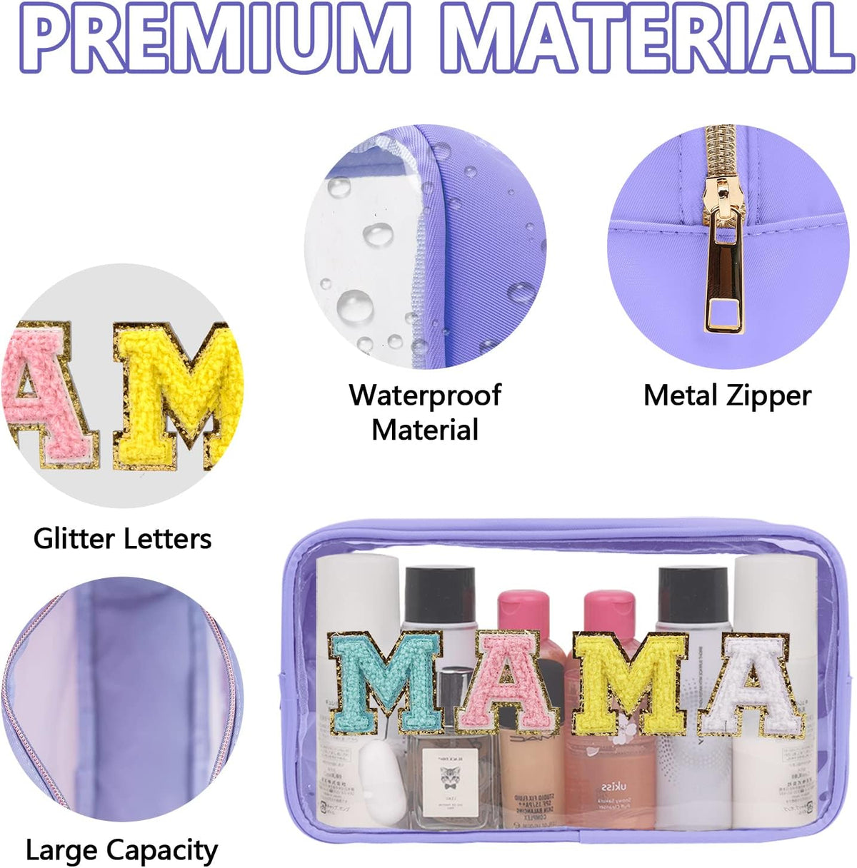Iqimott Clear Patch Makeup Bag Mama Pouch, Preppy Personalized Chenille Letter Cosmetic Pouch for Travel, Nylon Waterproof Travel Essentials Zipper Toiletry Bags for Women Girls(MAMA, Purple)