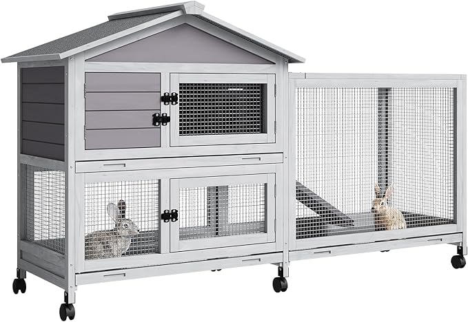 Bunny Cage with Weatherproof Roof, Rabbit Cage with 6 Lockable Caster Wheels & Pull-Out Tray, Rabbit Hutch for Indoor Outdoor Use, Grey（63.2" l x 22.4" w x 37"）