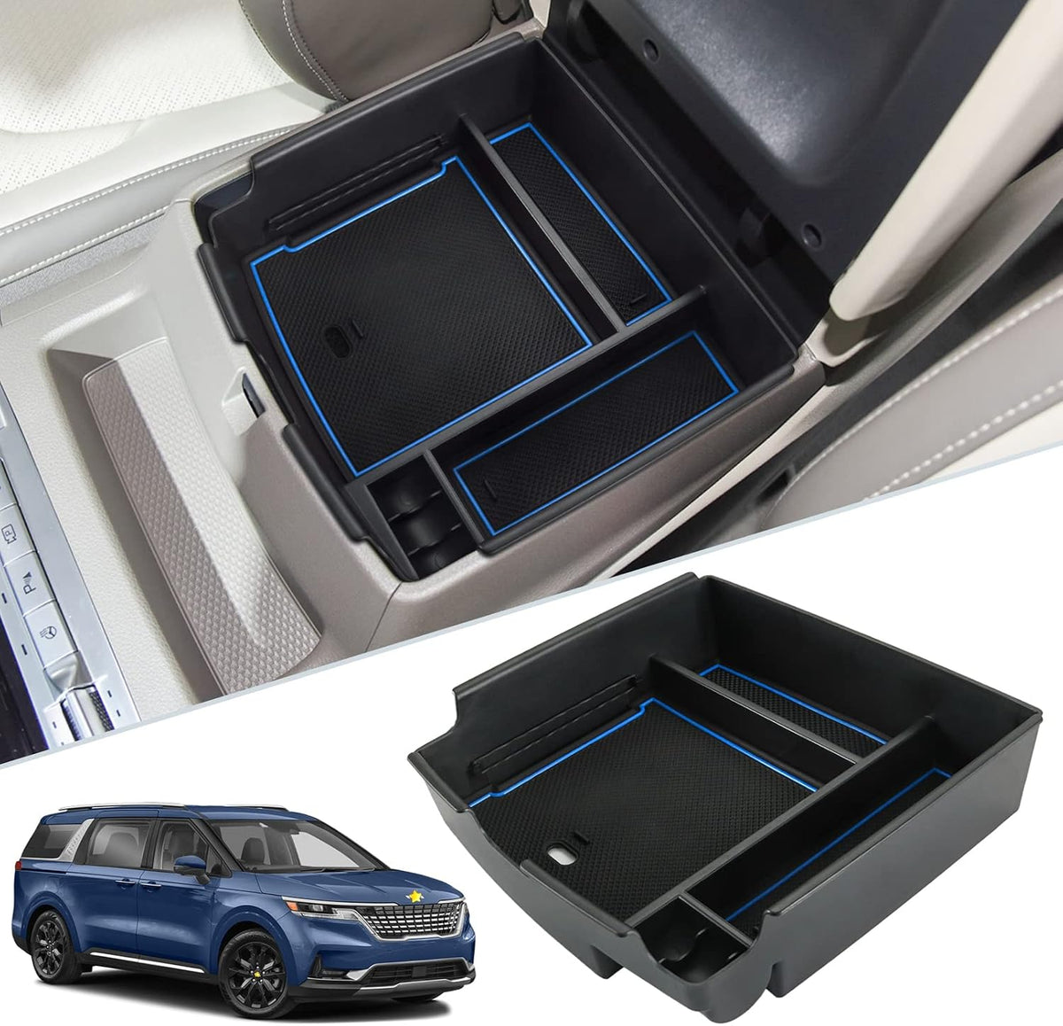 SKTU for 2022-2026 2027 Kia Carnival Center Console Organizer 2022-2025 2026 2027 Carnival Accessories Insert ABS Materials Tray 2024 2025 2026 2027 Carnival Console Tray with Coin and USB Hole (Blue)
