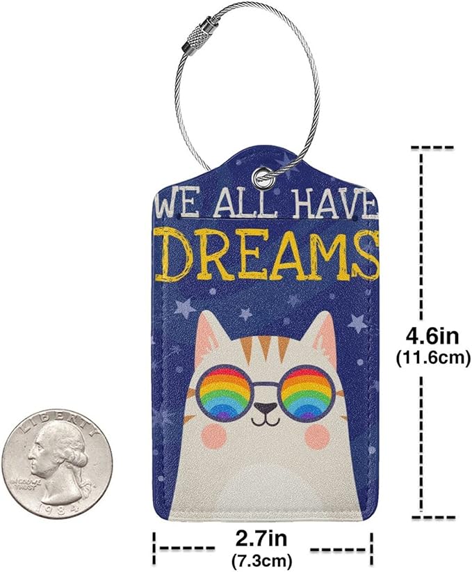2 Cute Cat with Rainbow in Eye Glasses Luggage Tags, We All Have Dreams Encouraging Letters Suitcase Tag Privacy Name ID Card Travel Bag Labels for Friends Adults Kids