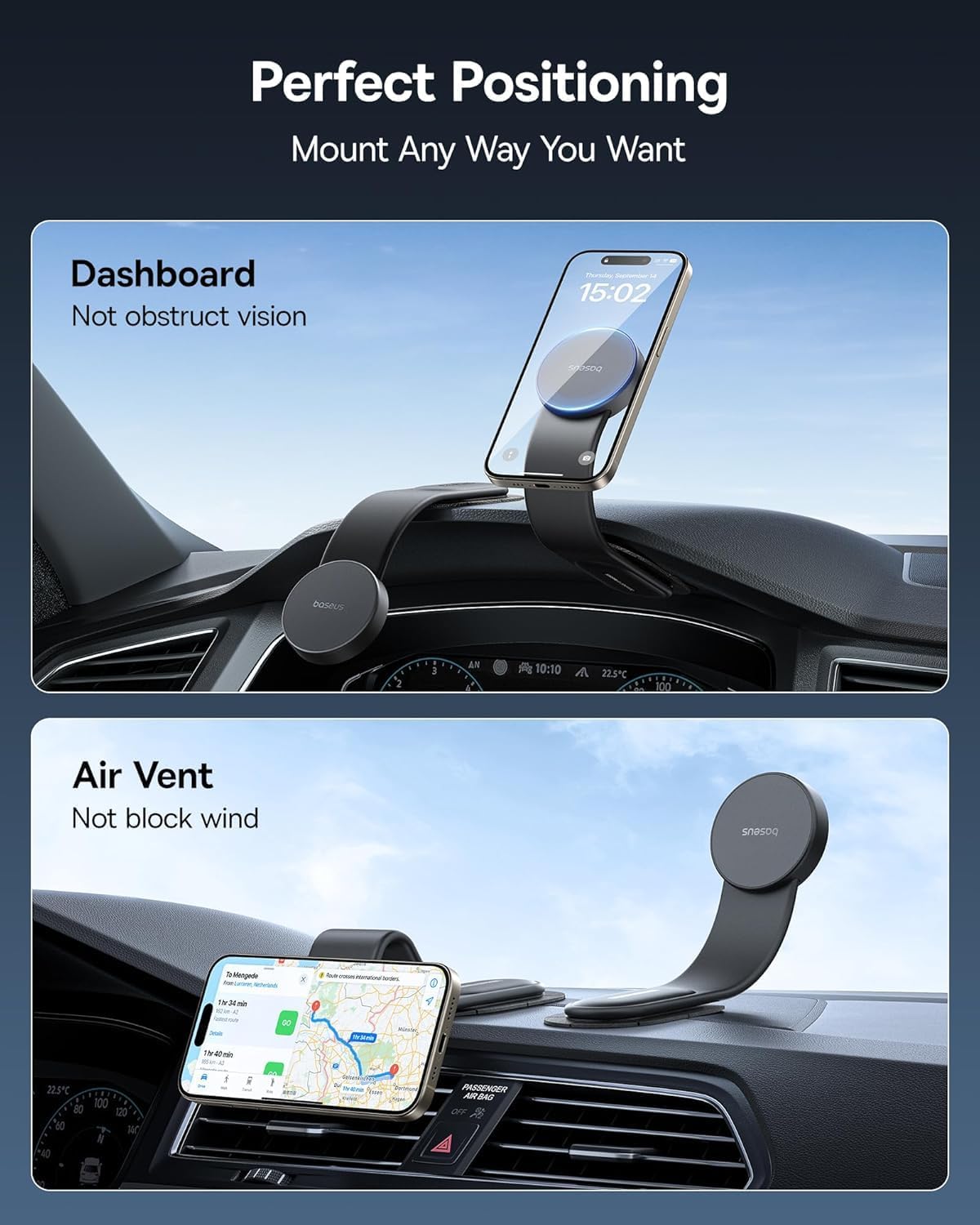 Baseus for Magsafe Car Mount, 25N Magnetic Phone Holder for Car, Cell Phone Car Mount Compatible with iPhone 17 to 13 Pro Plus Max Mini, Bendable Memory Titanium Alloy for All Dashboard