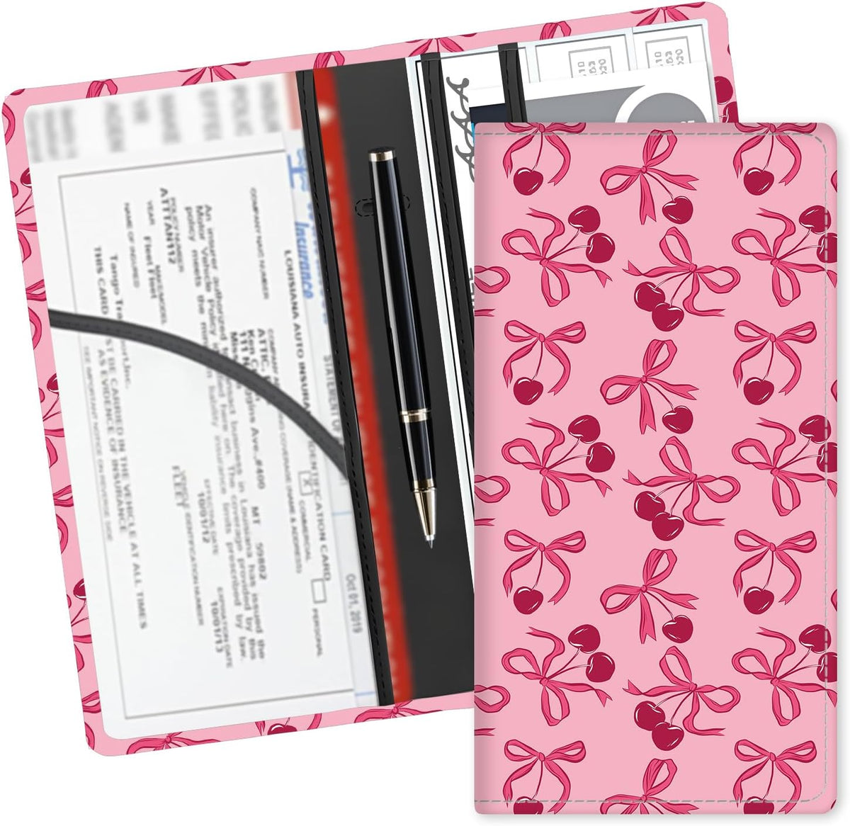 Leather Car Registration and Insurance Card Holder, Cute Car Accessories Vehicle Glove Box Car Organizer for Documents, Cards, License Black White Checkerboard