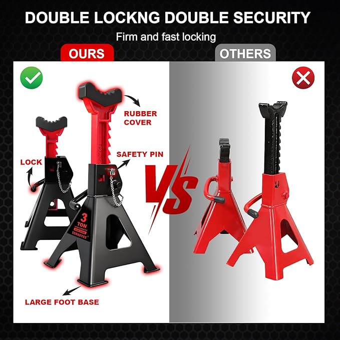 3 Ton (6,600 LBs) Jack Stands with Double Pin Locking,Rubber Cover and Large Foot Base,11"-17" Adjustable Height,Heavy Duty Car Jack Stands,Lifting SUV,MPV,Pickup Truck,ATV/UTV,1 Pair