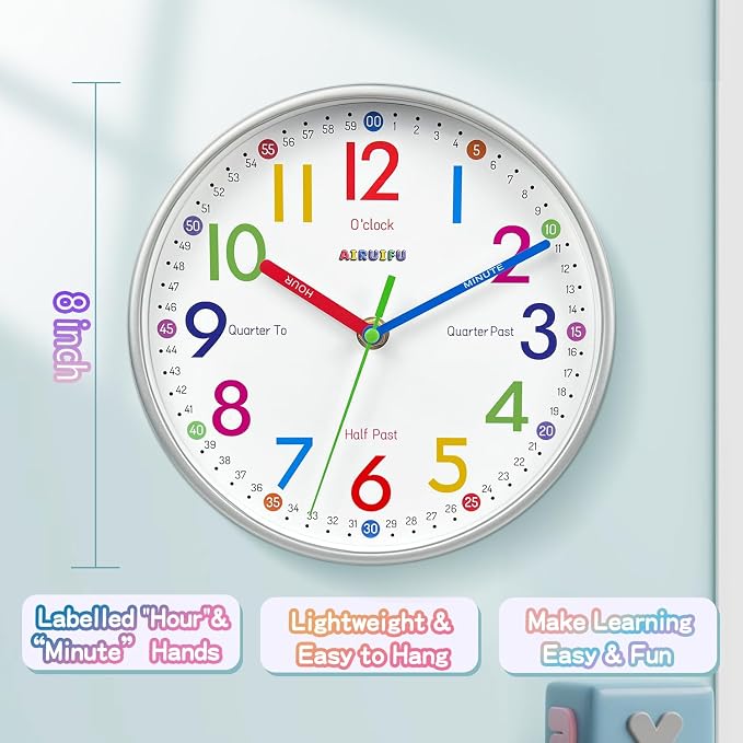 AIRUIFU Wall Clock for Kids Learning Tell Time Easily Non-Ticking Battery