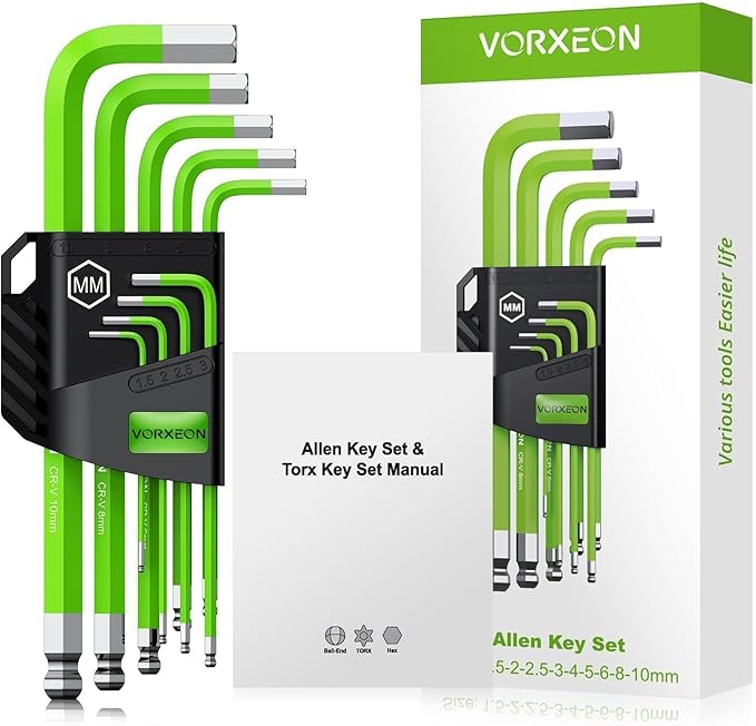 9 PCS Green Allen Wrench Hex Key Set 1.5-10 mm Metric Flat and Ball End Chrome Vanadium Steel and S2 Steel L-key For DIY Repair of parts