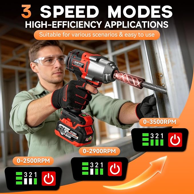 996Ft-lbs (1350N.m) Impact Wrench, 1/2" Cordless Impact Driver, 21V Brushless Impact Gun, High Torque Impact Wrench with 2x4.0Ah Battery, Power Motor Variable Speeds for Car/Pickup Truck/Mower